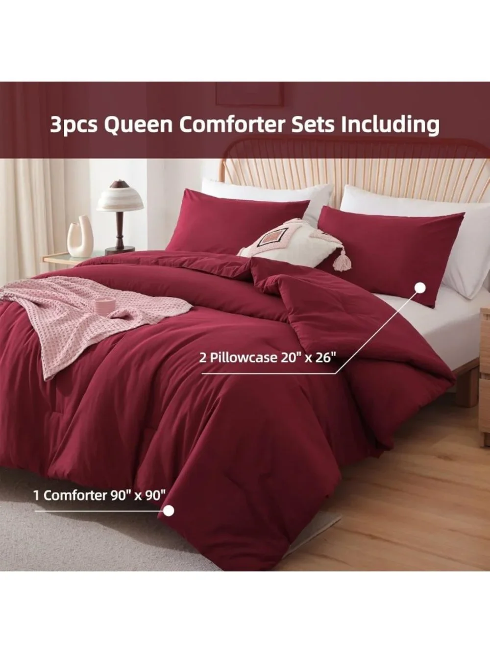 Luxurious Dark Red Alaskan King Comforter Set, Soft Bedding Quilt 136x120